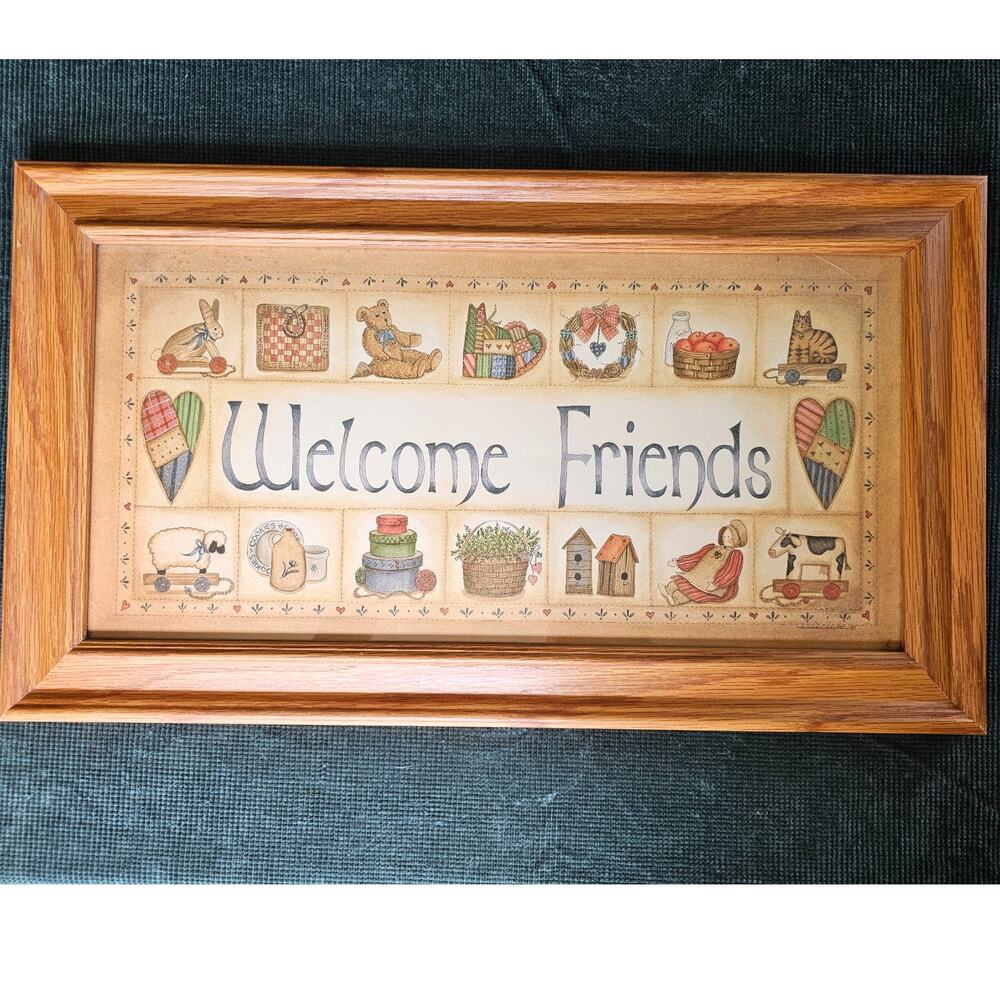 Vintage Welcome Friends Framed Country Cottage Wall Art 13x23 Wood Frame